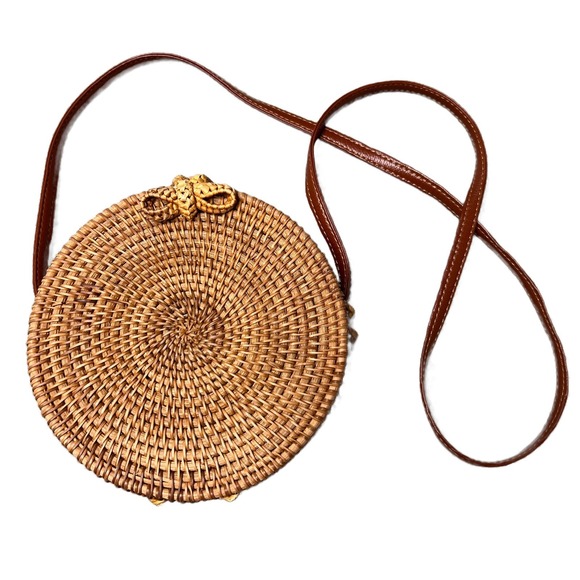 Womens Round Woven Straw Rattan Crossbody Bag Tan Leather Strap Floral Lined - Picture 2 of 16
